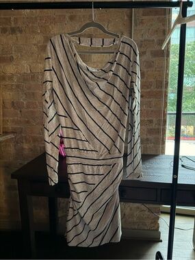 Striped Long Sleeve Gray and Black Dress with stretch waistband and ruched hips